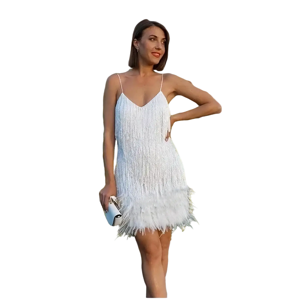A white feathered fringe bodycon mini dress with thin spaghetti straps and a v-neckline