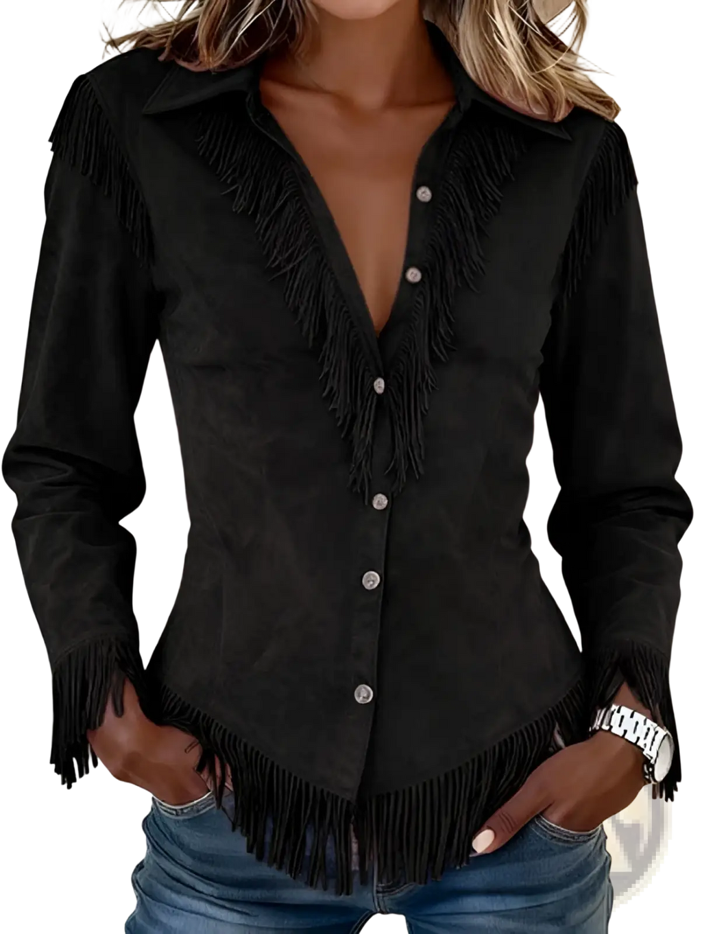Black suede western shirt with silver buttons and fringe detailing on collar front placket cuffs and hem