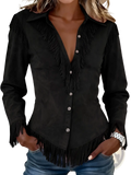 Black suede western shirt with silver buttons and fringe detailing on collar front placket cuffs and hem