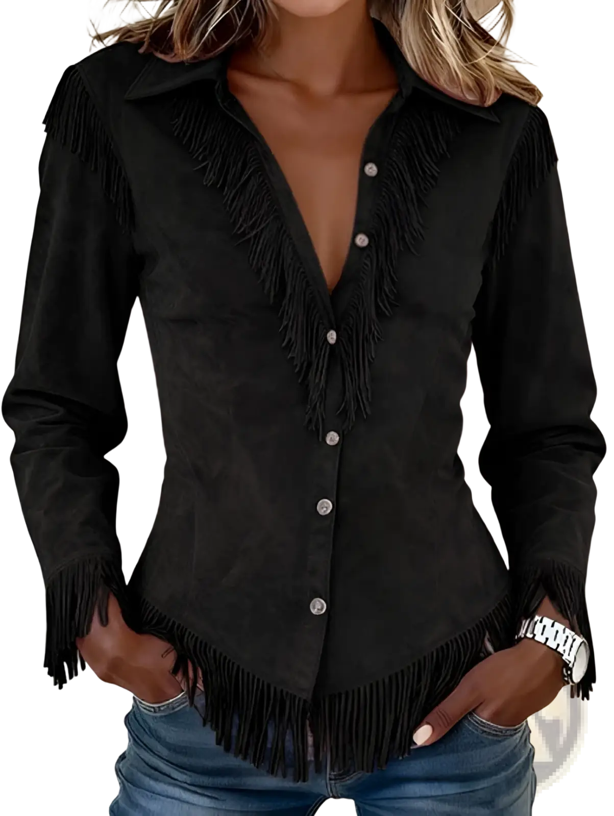 Black suede western shirt with silver buttons and fringe detailing on collar front placket cuffs and hem