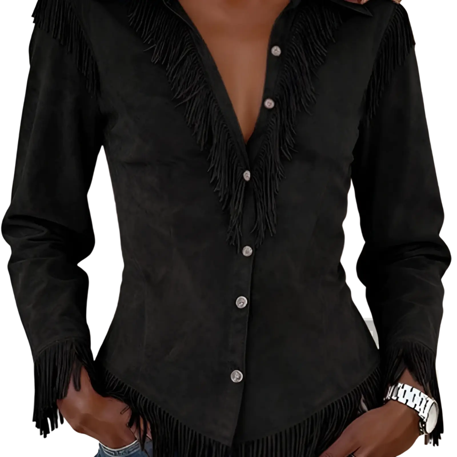 Black suede western shirt with fringes and silver buttons designed for a stylish casual look