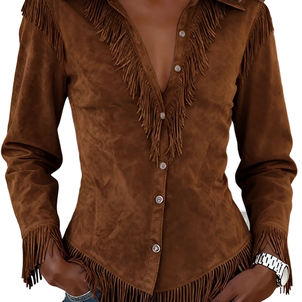 Brown suede fringed western shirt with silver buttons and fringe detailing on collar front placket cuffs and hem