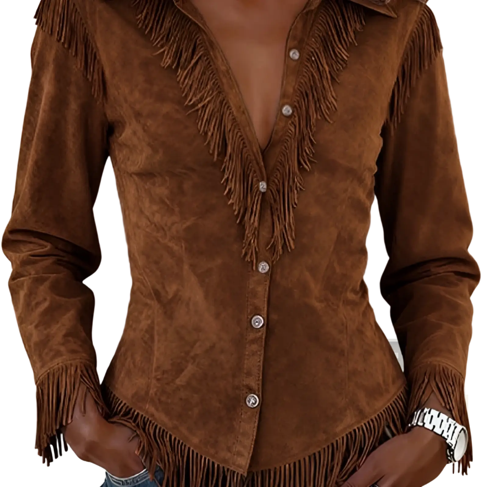 Brown suede fringed western shirt with silver buttons and fringe detailing on collar front placket cuffs and hem