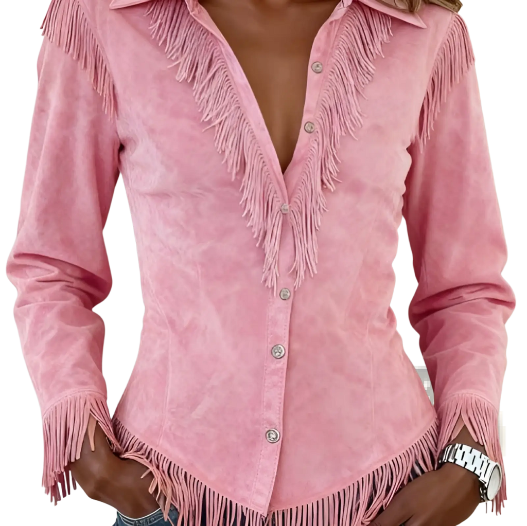 Pink suede western shirt featuring fringe detailing and silver buttons for a stylish casual look
