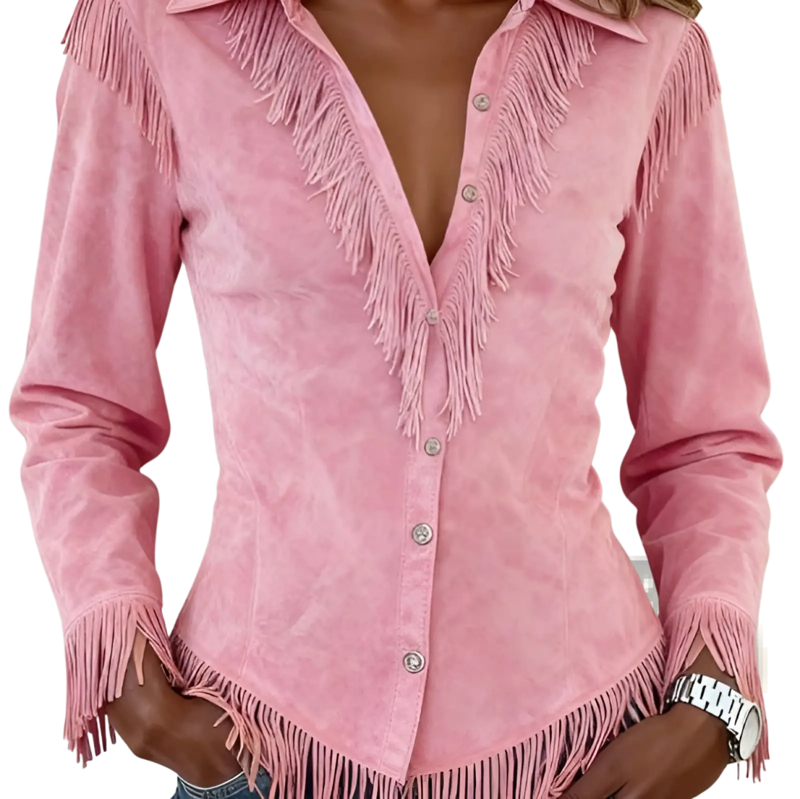 Pink suede western shirt featuring fringe detailing and silver buttons for a stylish casual look