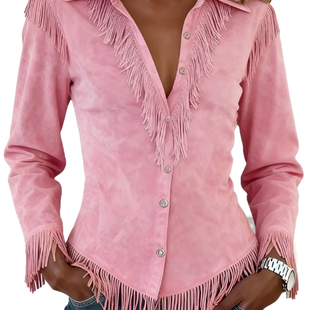 Pink suede western shirt with fringe detailing along the collar front placket and cuffs in a stylish design