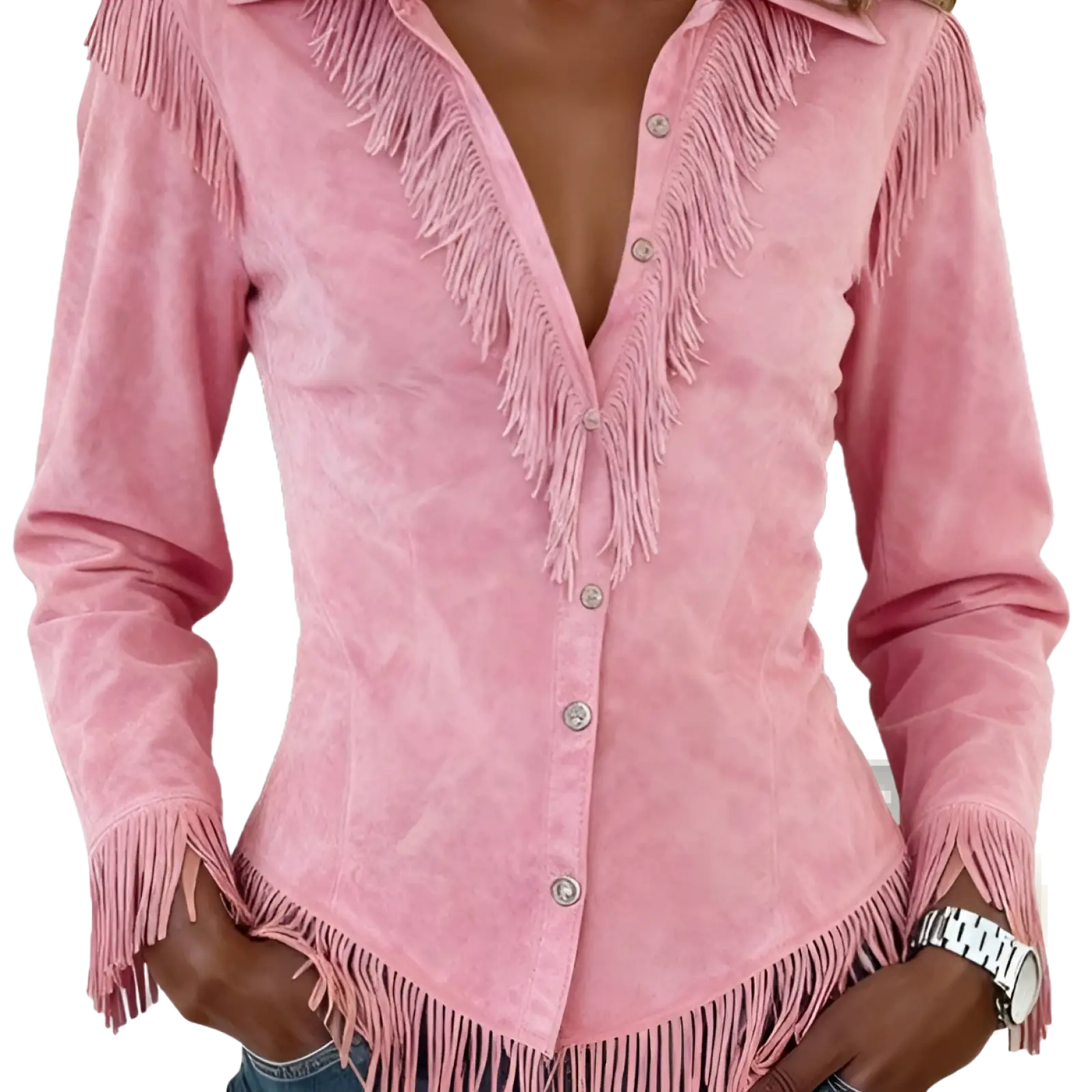 Pink suede western shirt with fringe detailing along the collar front placket and cuffs in a stylish design