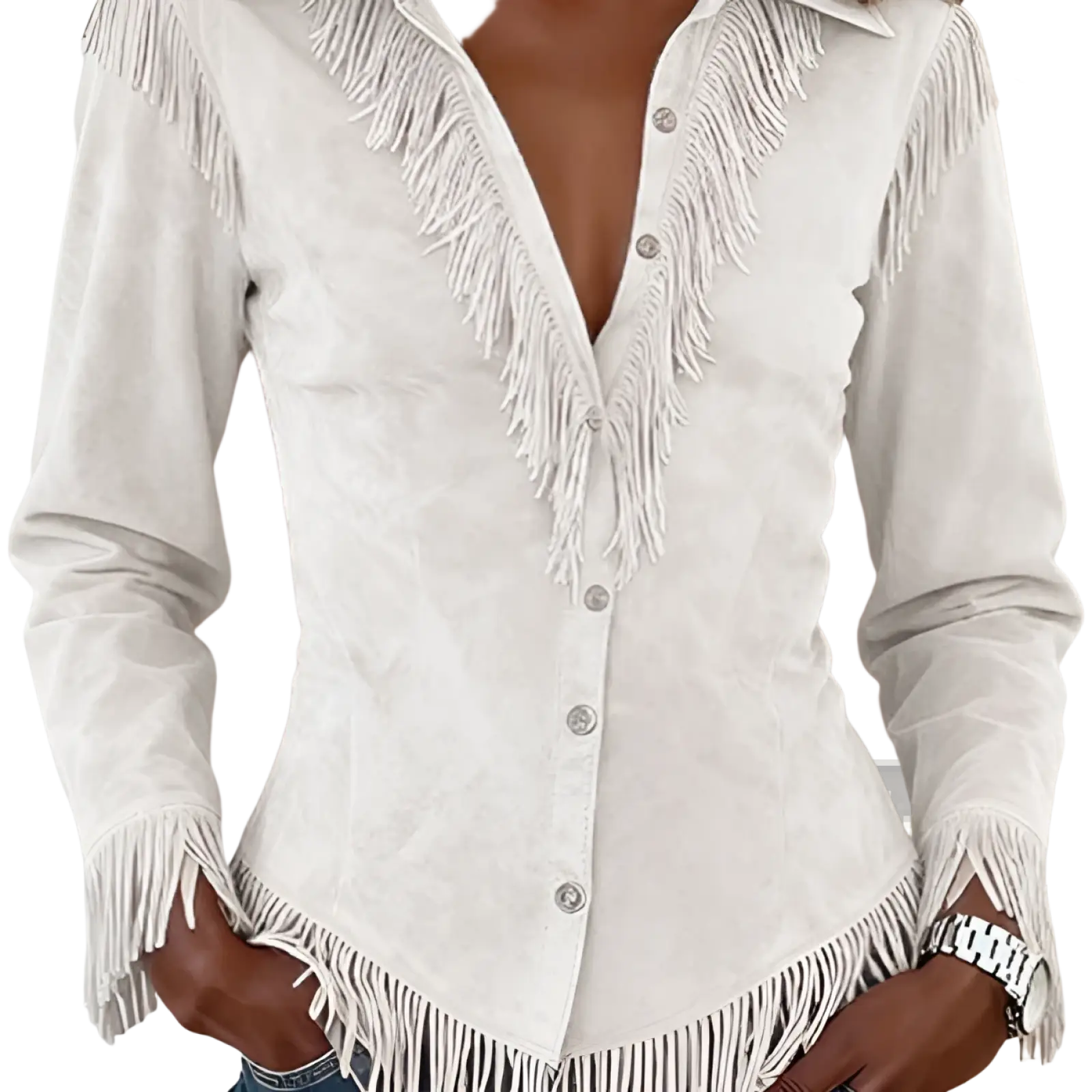 White suede fringe western shirt with silver buttons and matching fringes on collar front placket cuffs and hem