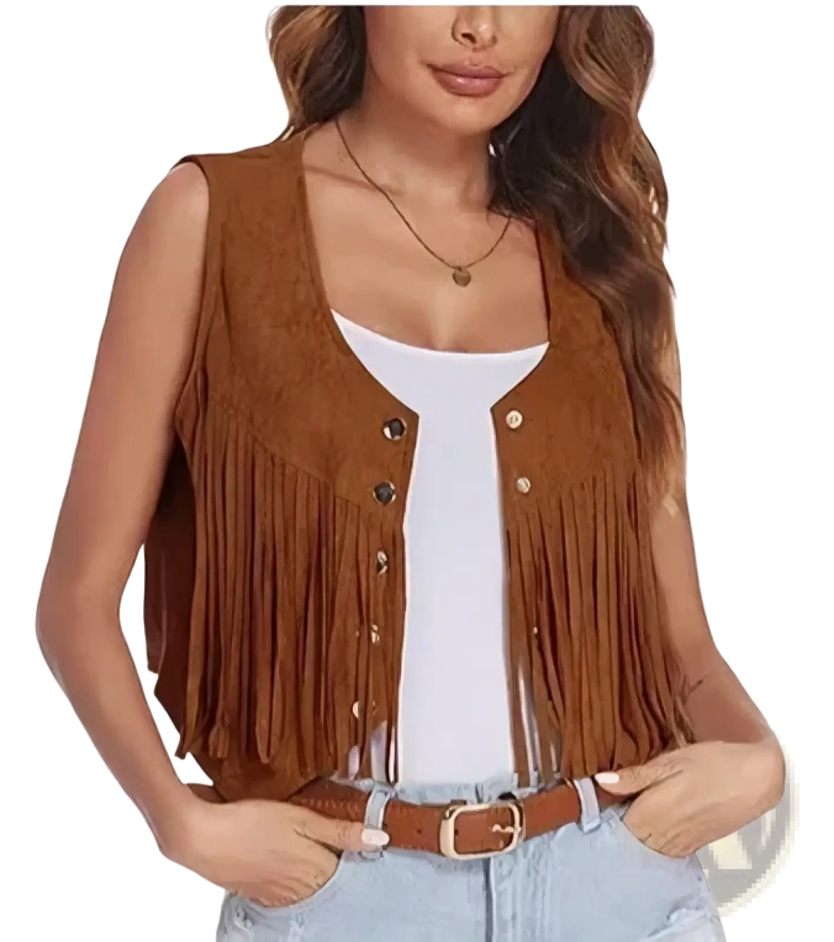 Brown suede fringe vest with button closures designed for slim formal party wear