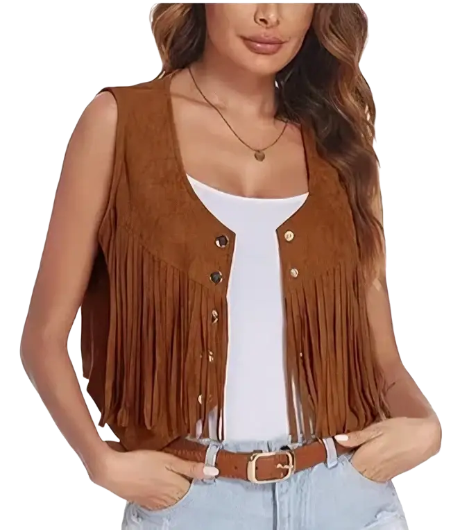 Brown suede fringe vest with button closures designed for slim formal party wear
