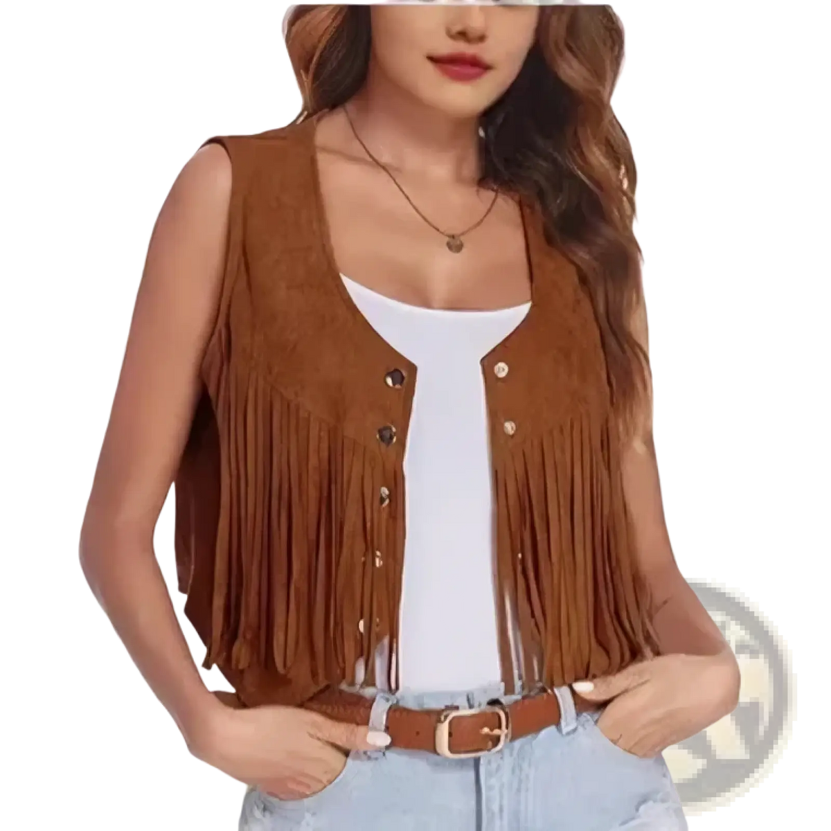 Brown suede fringe vest with button closures designed for slim formal party wear