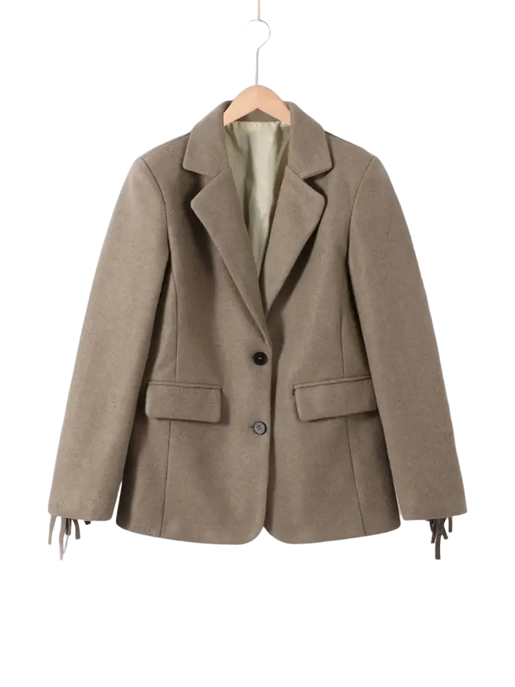 Beige wool fringe office blazer for women with black buttons and tie details at the cuffs