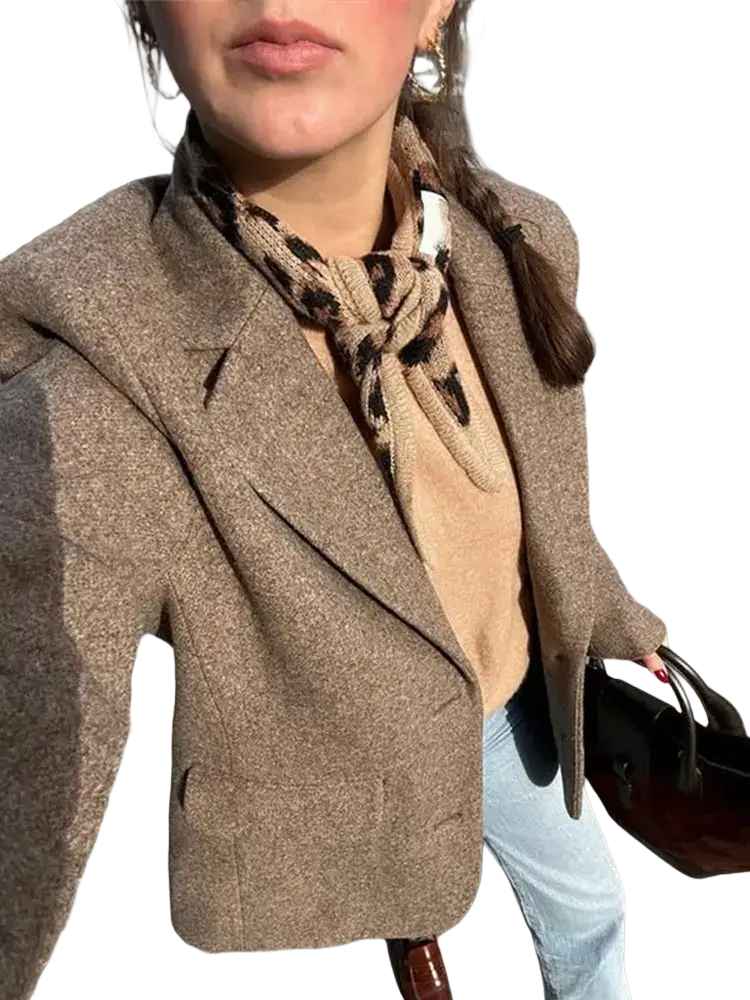 Beige wool blend fringe office blazer for women with a structured fit and notched lapels