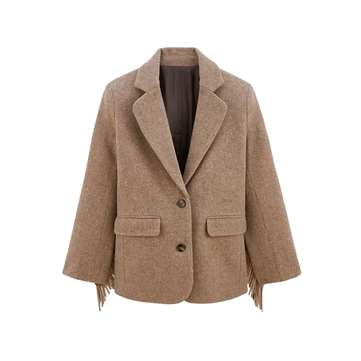 Beige wool office blazer for women with fringed cuffs and front pockets made from wool blend fabric
