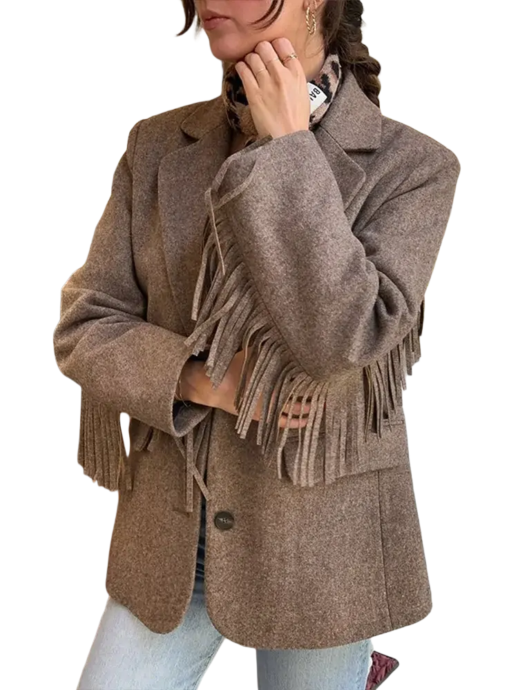 A cozy taupe wool office blazer for women with long matching fringe detailing on cuffs and front opening
