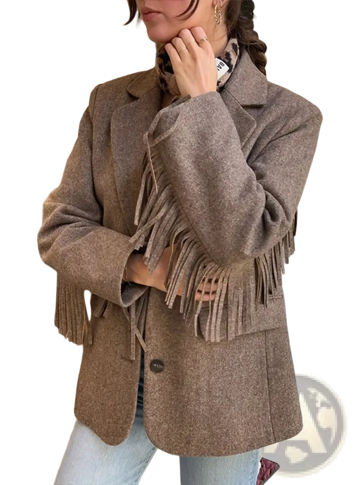 A cozy taupe wool office blazer for women with long matching fringe detailing on cuffs and front opening