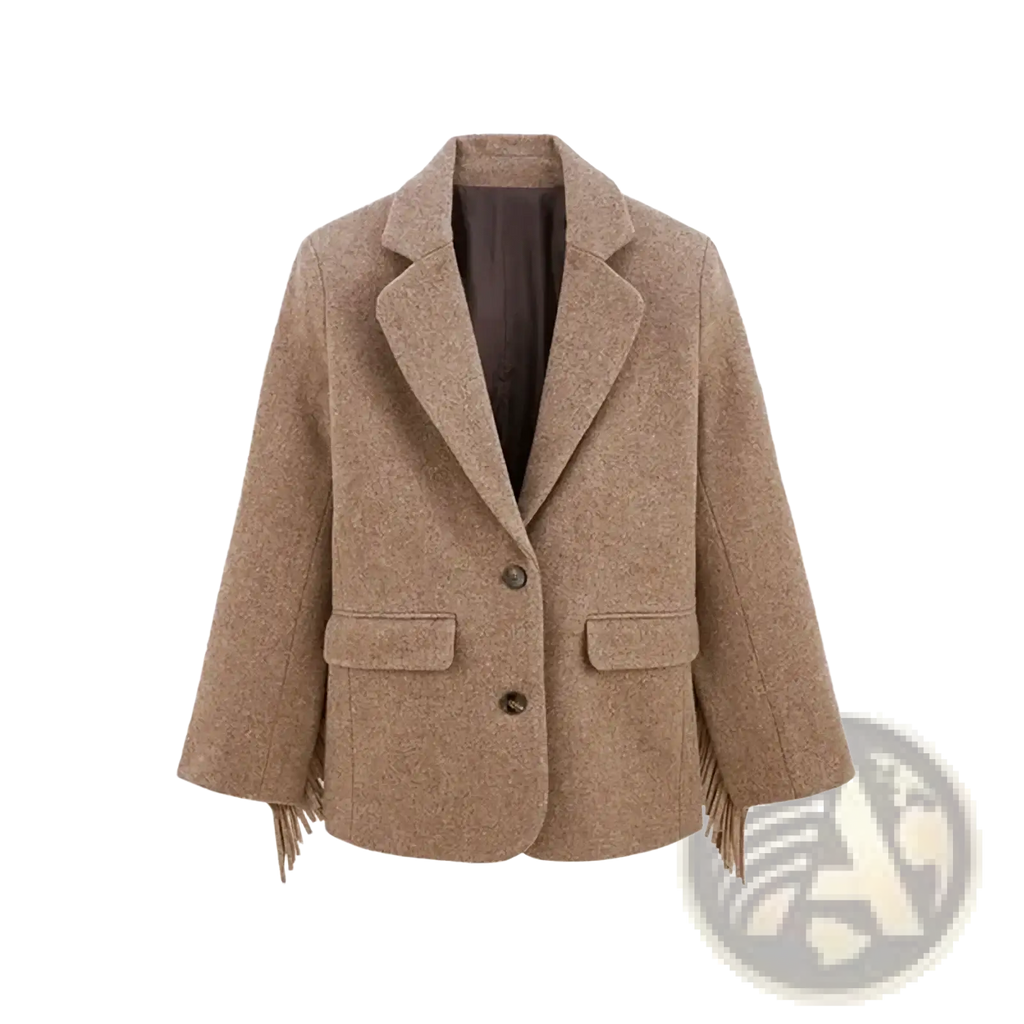 Beige wool office blazer for women with fringed cuffs and front pockets made from wool blend fabric