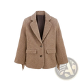 Beige wool office blazer for women with fringed cuffs and front pockets made from wool blend fabric