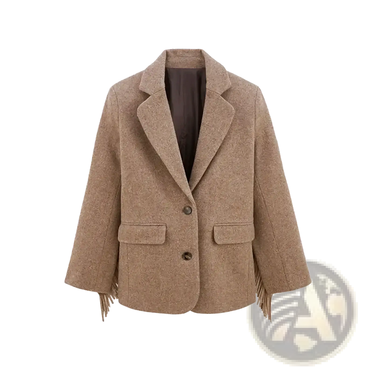 Beige wool office blazer for women with fringed cuffs and front pockets made from wool blend fabric