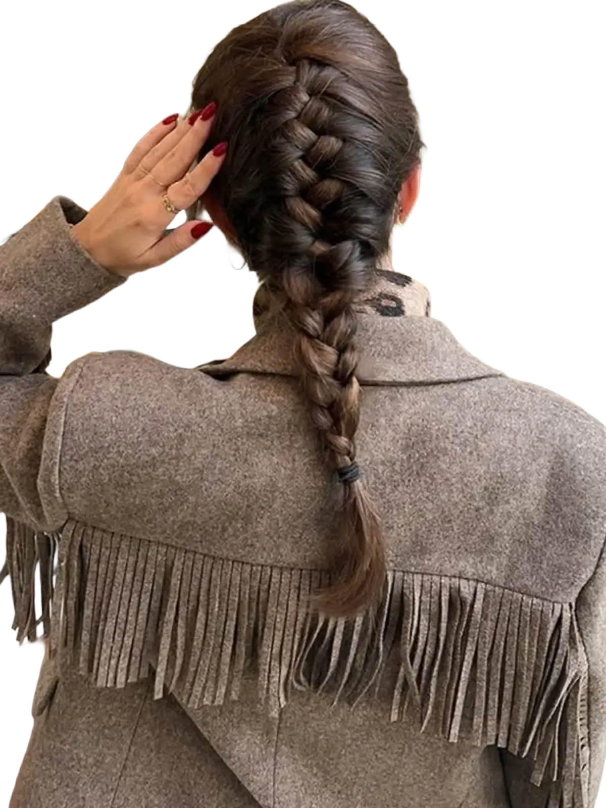 A woman with dark brown hair in a thick three-strand braid wearing a fringe wool office blazer for women viewed from the back