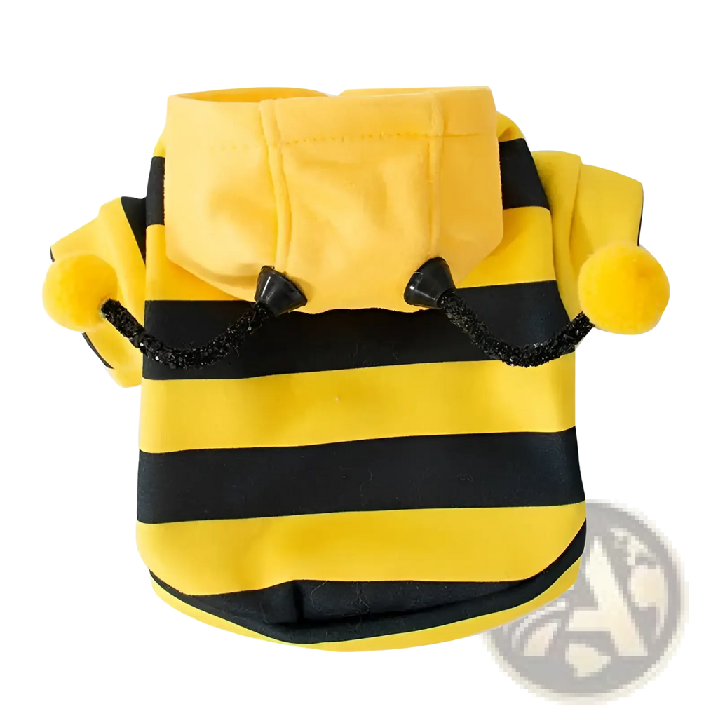 Yellow and black striped plush bee costume for pets made of fleece material in a frog dog hoodie pet sweater design