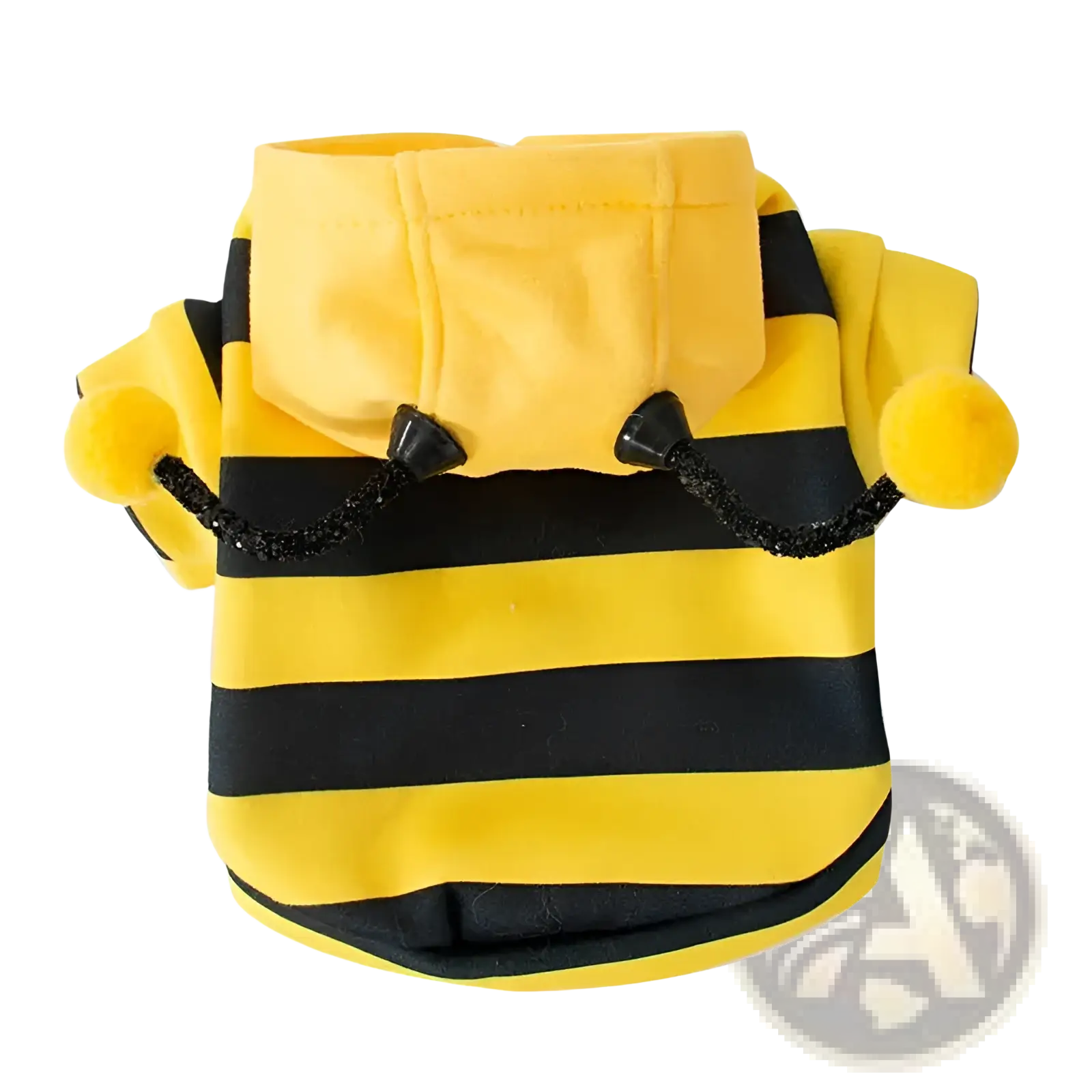 Yellow and black striped plush bee costume for pets made of fleece material in a frog dog hoodie pet sweater design