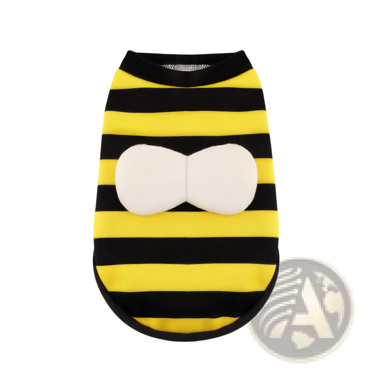 Yellow and black striped bee-themed fleece pet hoodie with white bow-tie appliqué for dogs and frogs