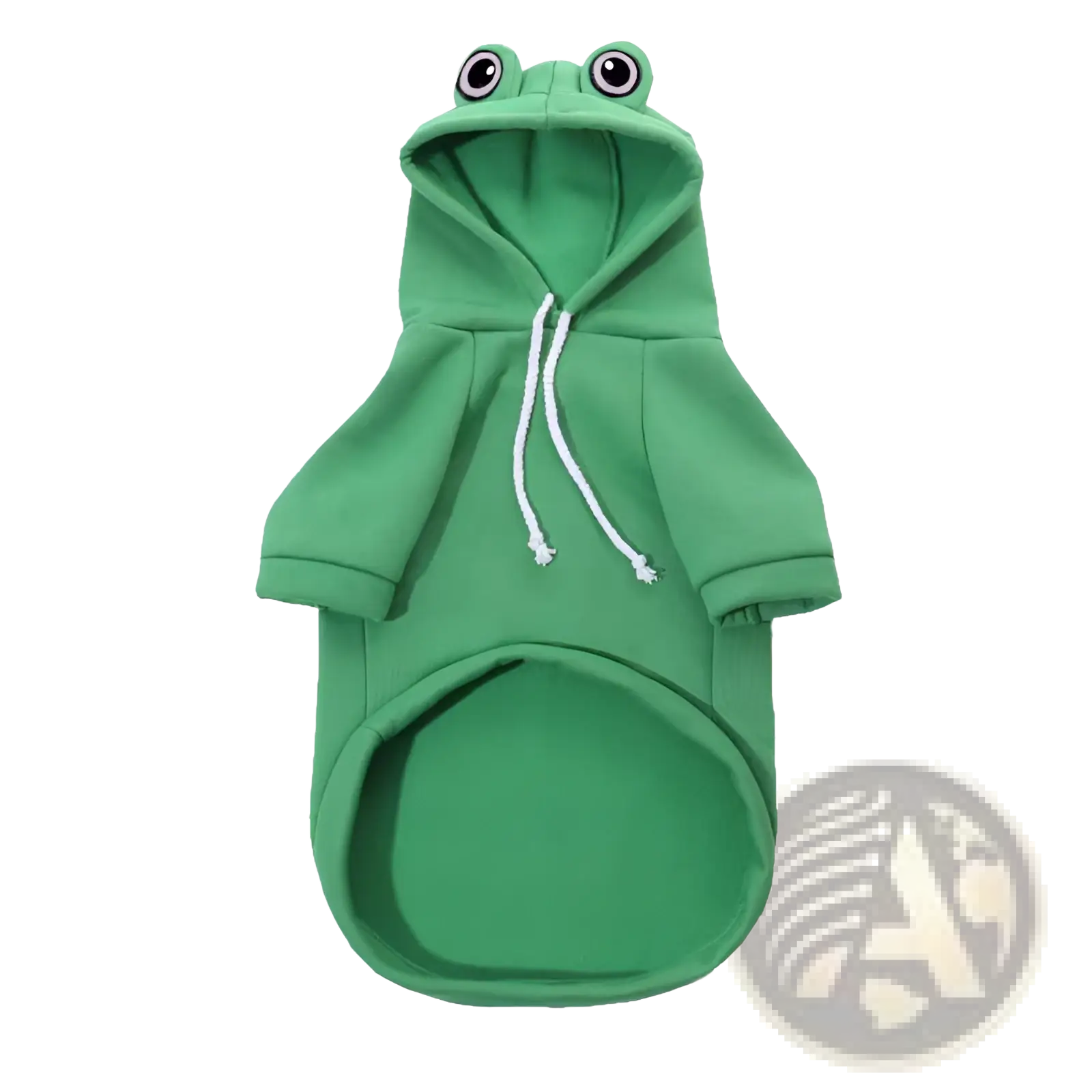 Green frog dog hoodie pet sweater made of plush fleece fabric with embroidered eyes on the hood for pets