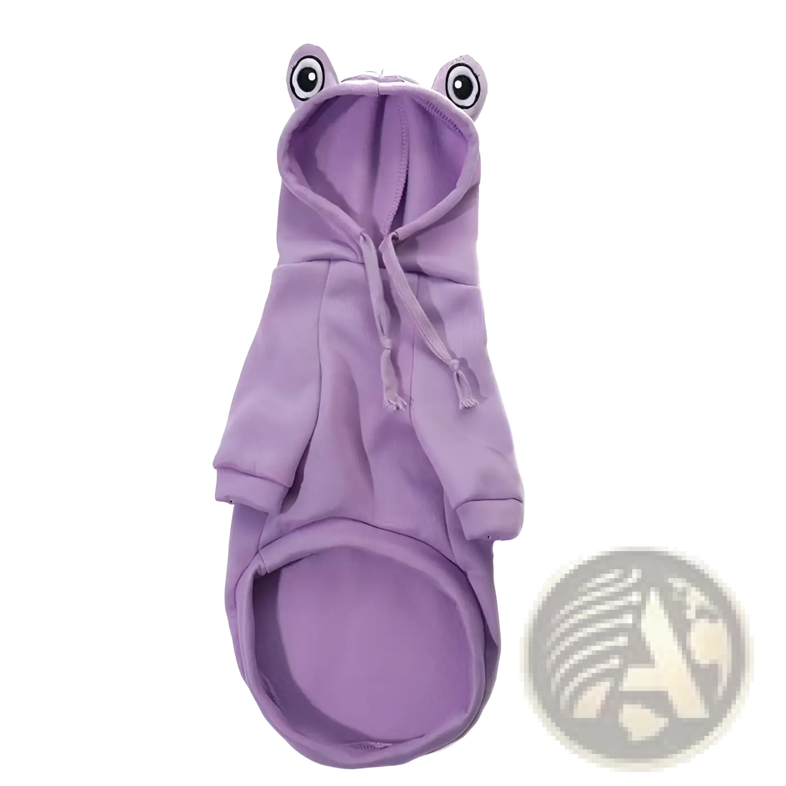 Purple frog-themed hooded fleece pet sweater with embroidered eyes and drawstring ties for dogs