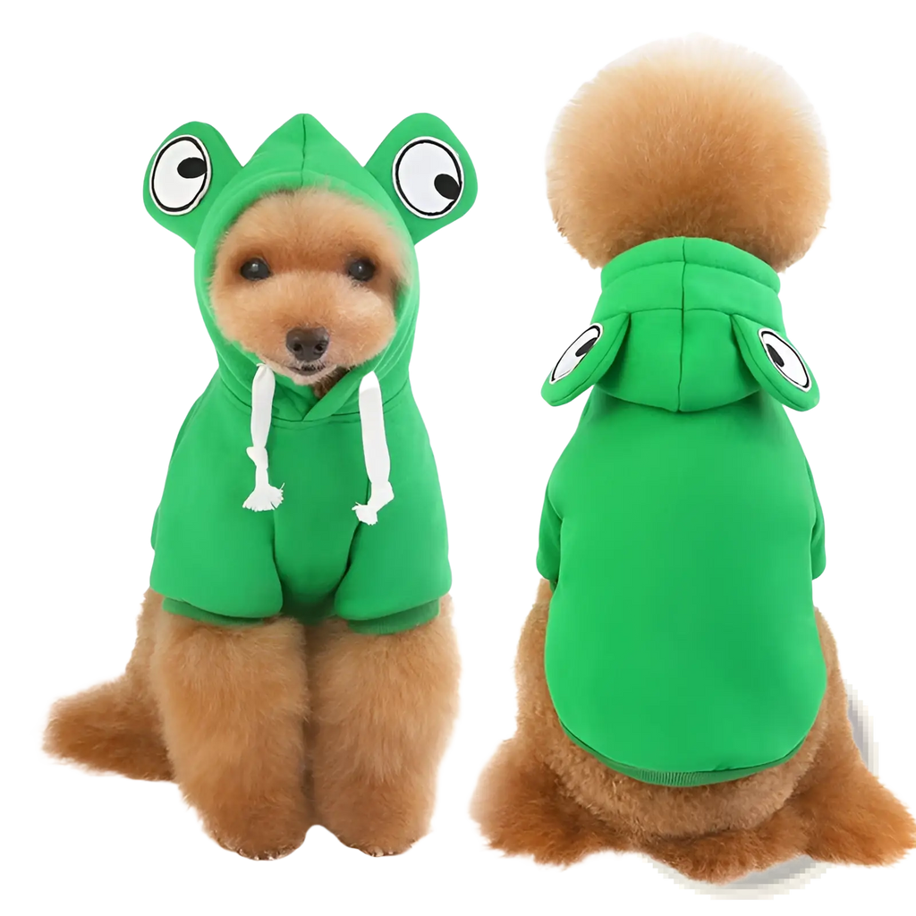 Green frog-themed fleece hooded dog outfit with white drawstrings and embroidered eyes for pet costume use