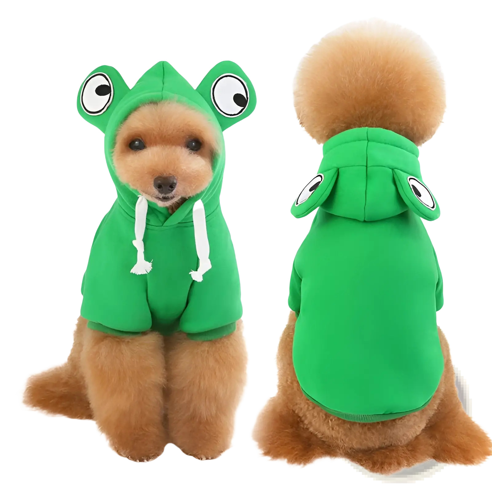 Green frog-themed fleece hooded dog outfit with white drawstrings and embroidered eyes for pet costume use