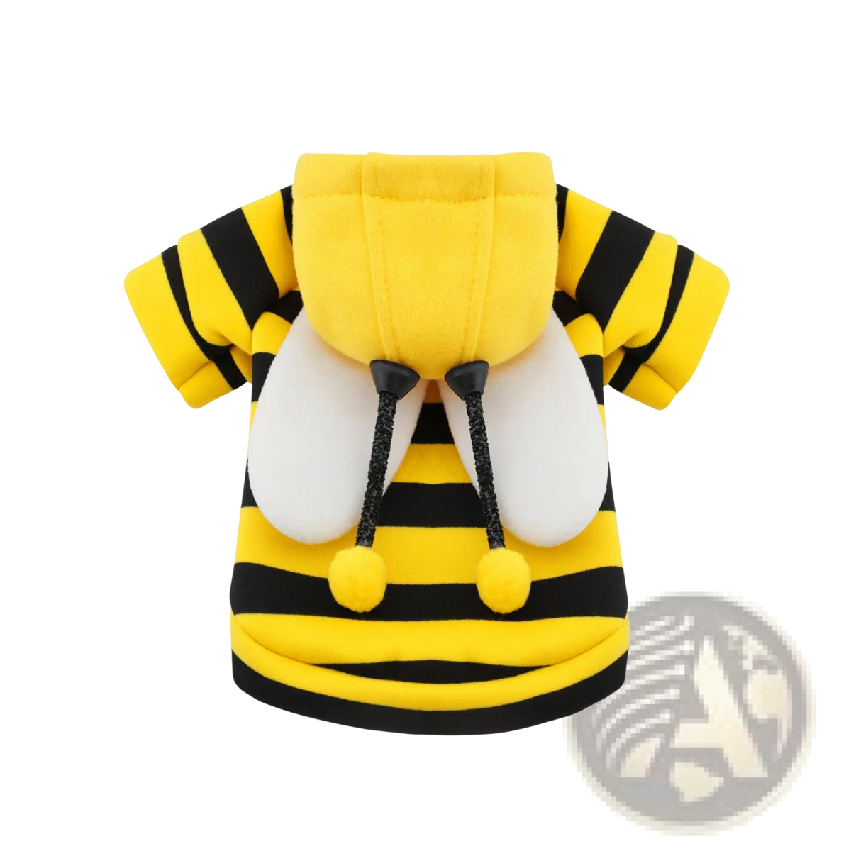 Yellow and black striped plush bee themed dog hoodie with white fuzzy wings and pom pom antennae fleece costume