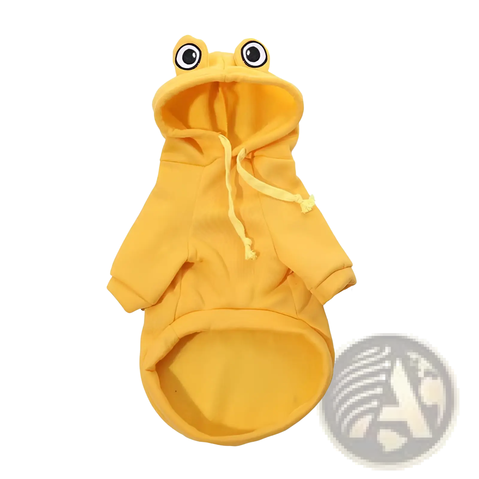 Yellow plush frog-themed fleece hoodie for pets designed as a cozy dog sweater costume