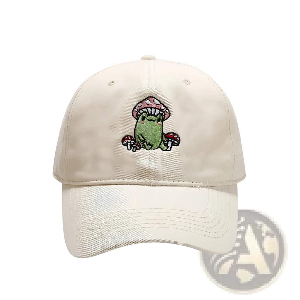 Beige baseball cap with charming frog and pink polka-dotted mushroom embroidery for casual wear