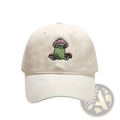 Beige baseball cap with charming frog and pink polka-dotted mushroom embroidery for casual wear