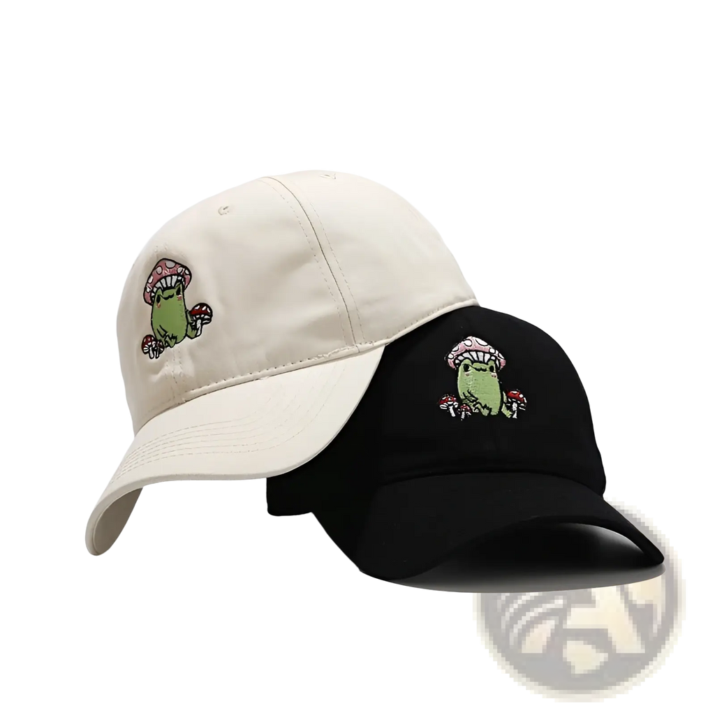 Beige and black baseball caps with embroidered green frogs and pink mushrooms on cotton fabric for casual wear