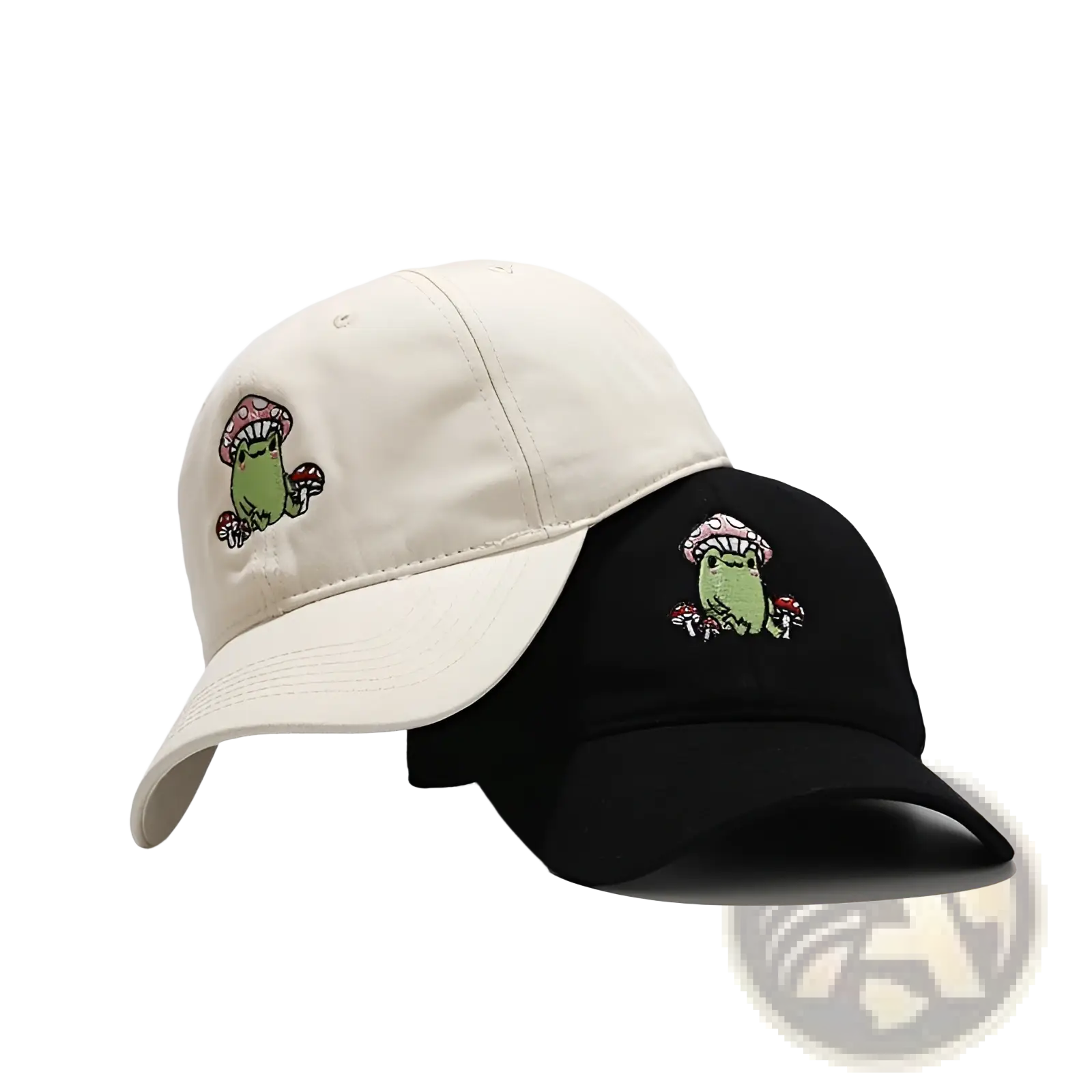 Beige and black baseball caps with embroidered green frogs and pink mushrooms on cotton fabric for casual wear