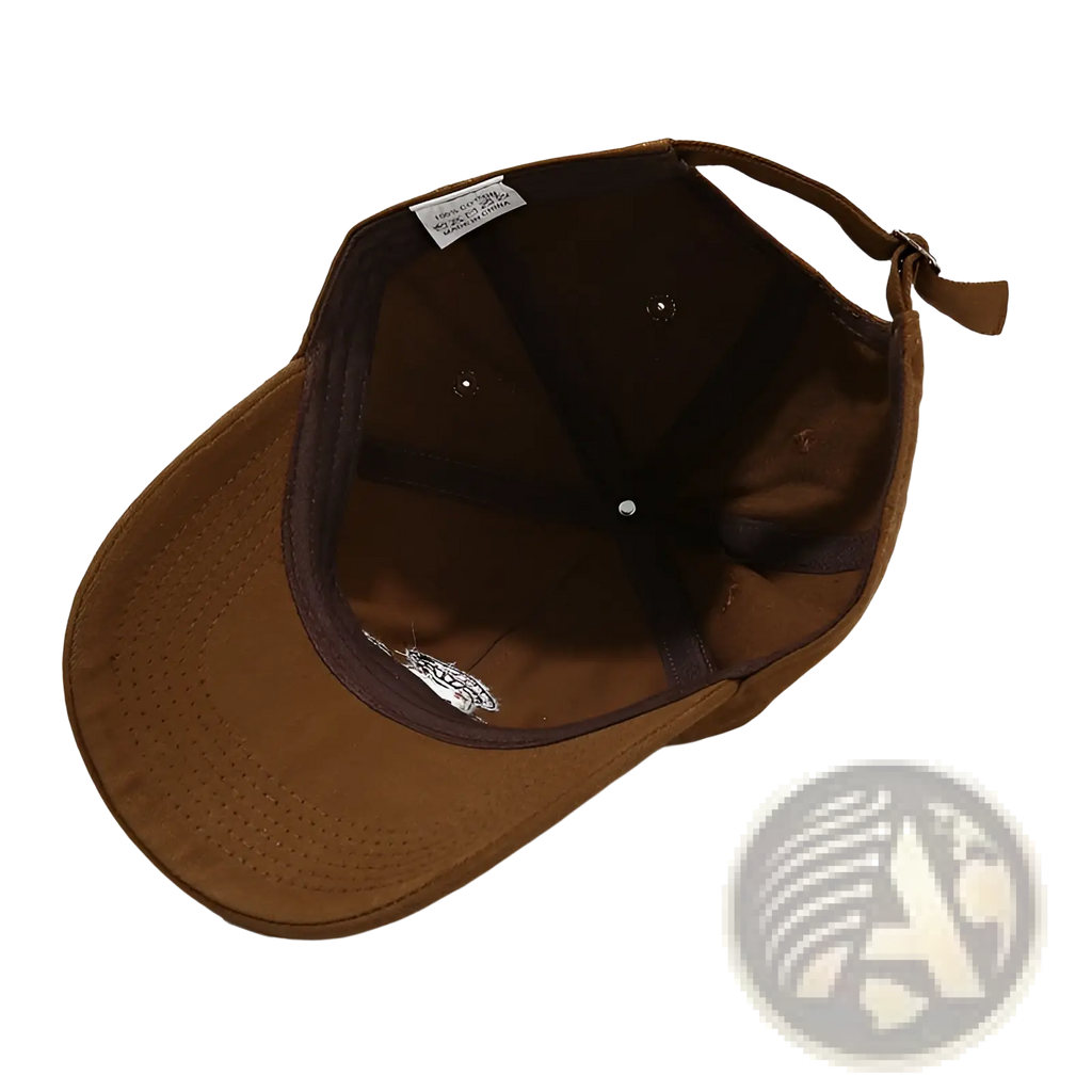 Brown corduroy frog mushroom embroidered baseball cap with adjustable fabric strap closure shown from the back side