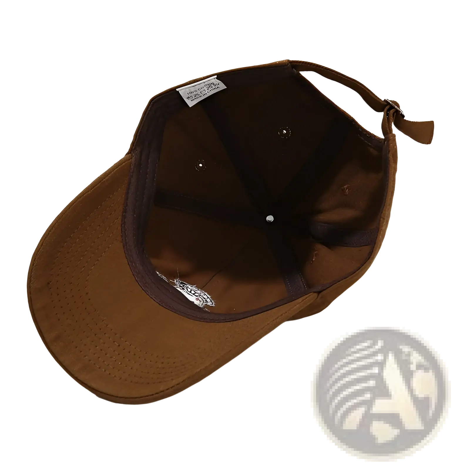 Brown corduroy frog mushroom embroidered baseball cap with adjustable fabric strap closure shown from the back side