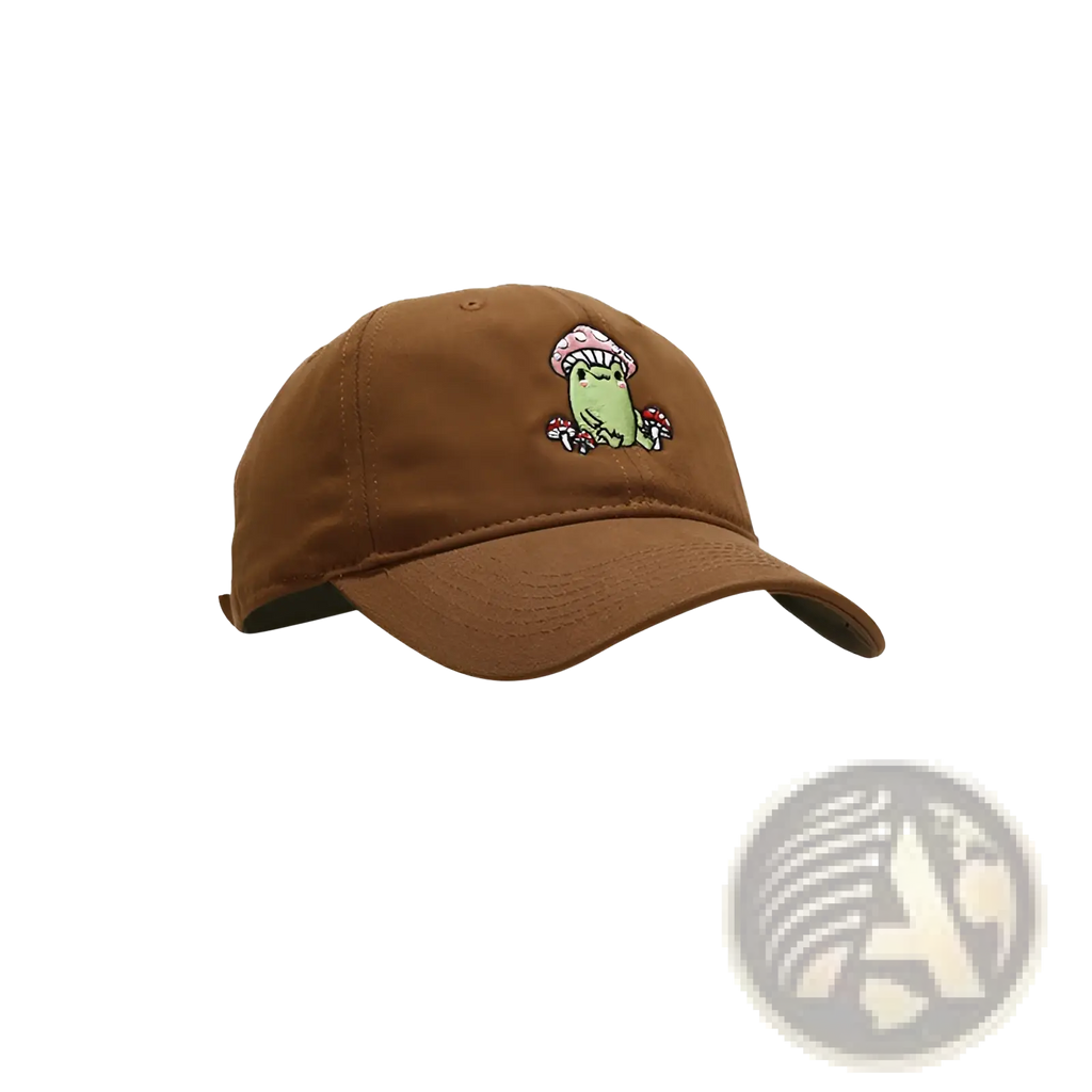 Brown baseball cap featuring an embroidered green frog with a pink mushroom hat surrounded by small mushrooms