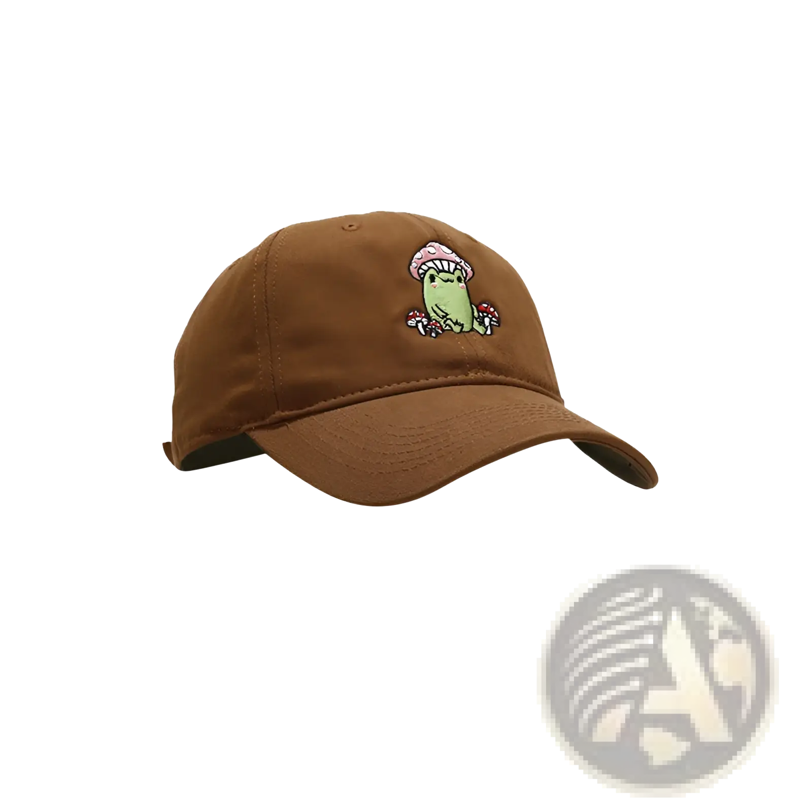 Brown baseball cap featuring an embroidered green frog with a pink mushroom hat surrounded by small mushrooms