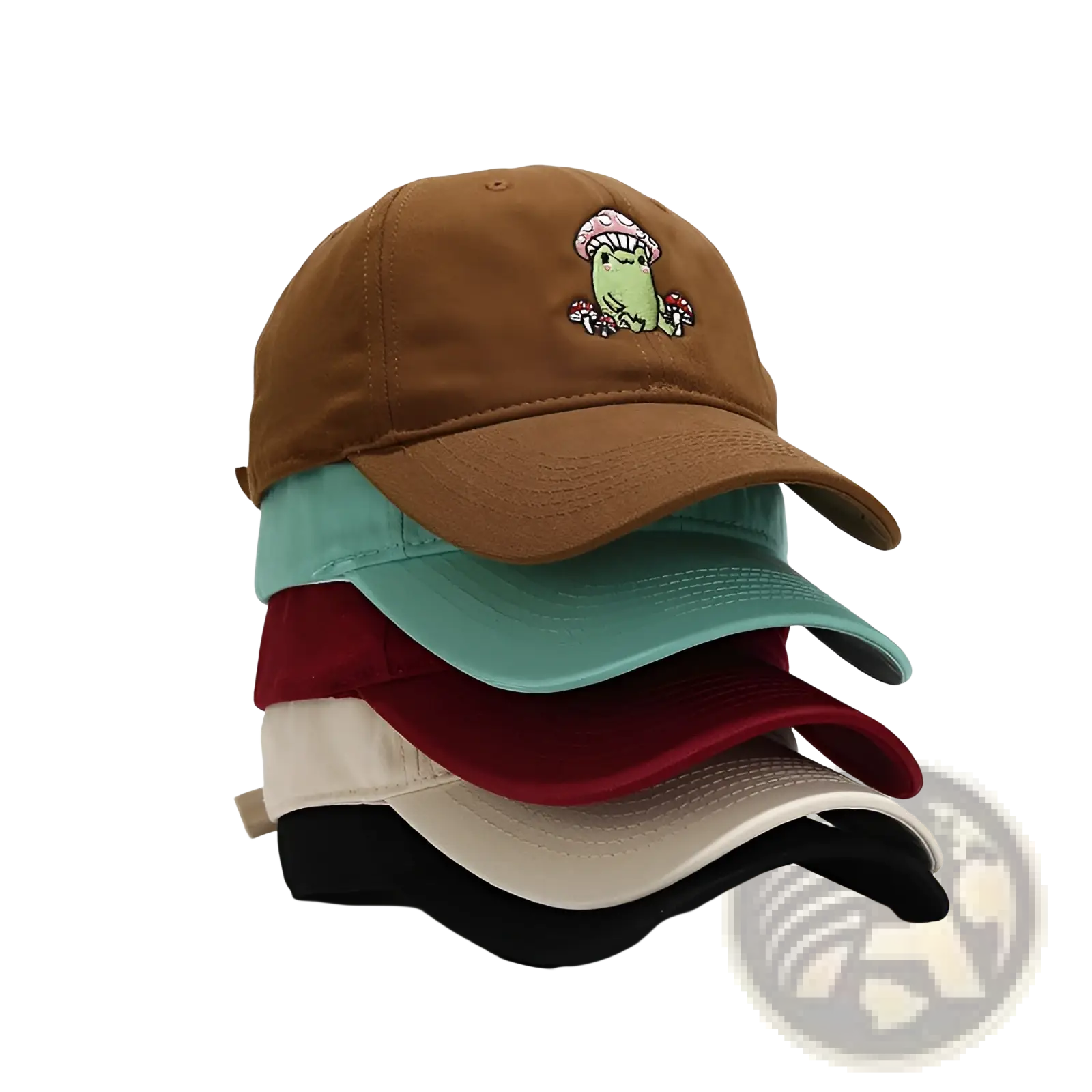 Brown baseball cap with embroidered green frog wearing a pink mushroom hat in frog mushroom embroidered design