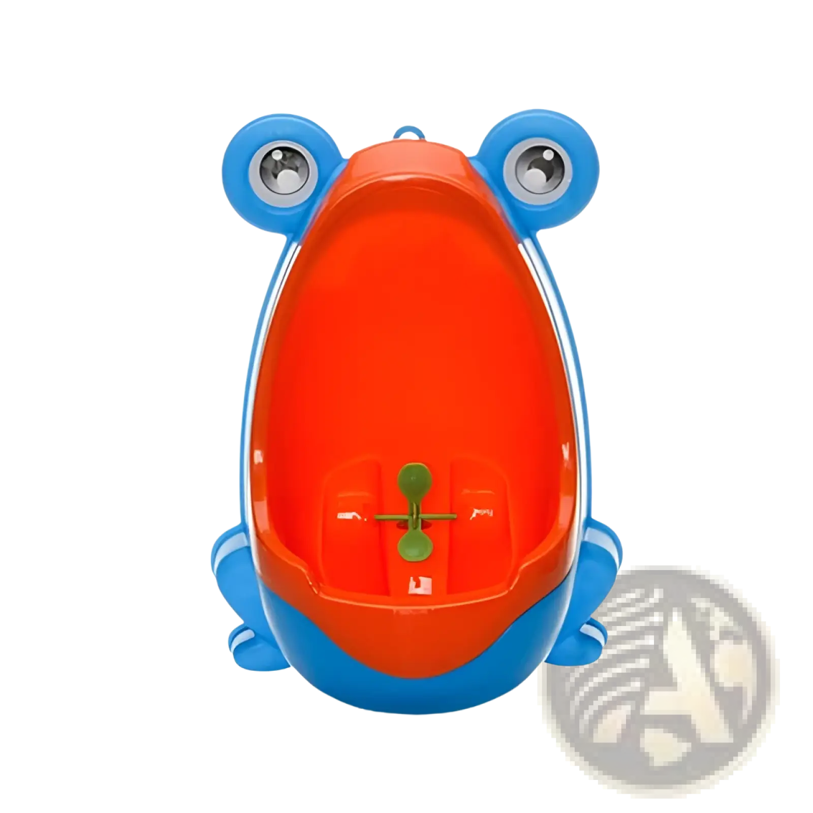 Bright orange and blue plastic frog potty training urinal with rotating windmill and googly eyes for children