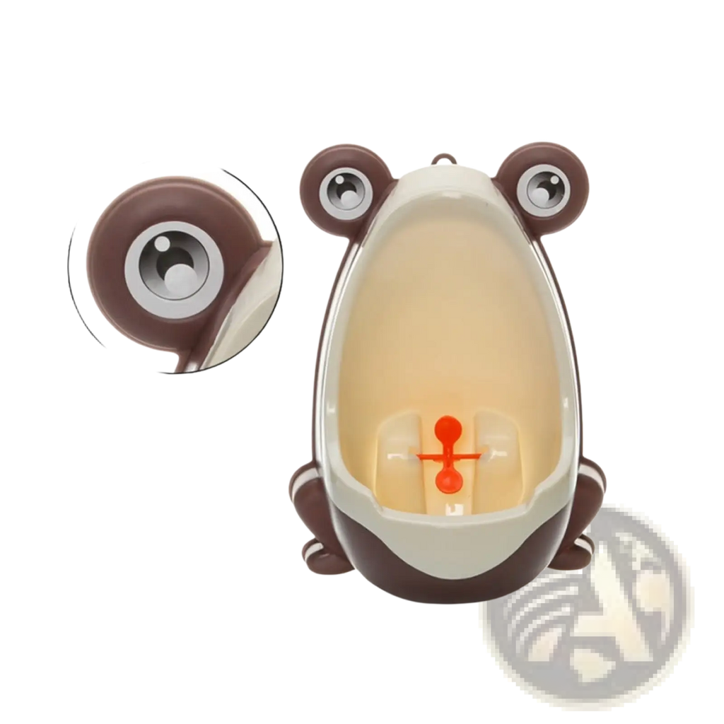 Brown and cream plastic frog-shaped children’s urinal with large round eyes and rotating windmill for potty training
