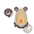 Brown and cream plastic frog-shaped children’s urinal with large round eyes and rotating windmill for potty training
