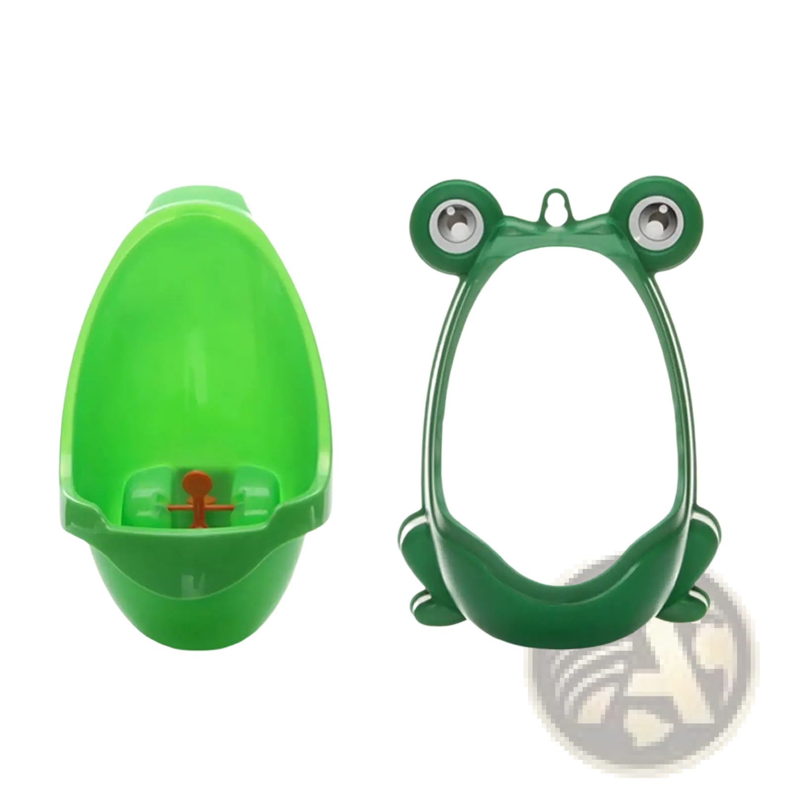 Green plastic frog potty training urinal with silver eyes orange internal handle and rotating windmill wall-mounted design
