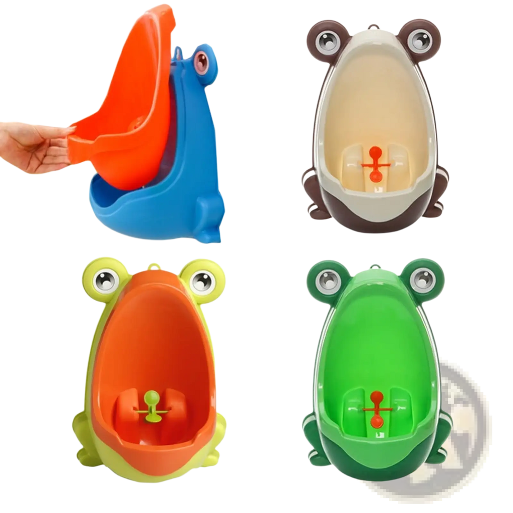 Colorful plastic frog potty training urinals with rotating windmill in blue brown green and orange with googly eyes