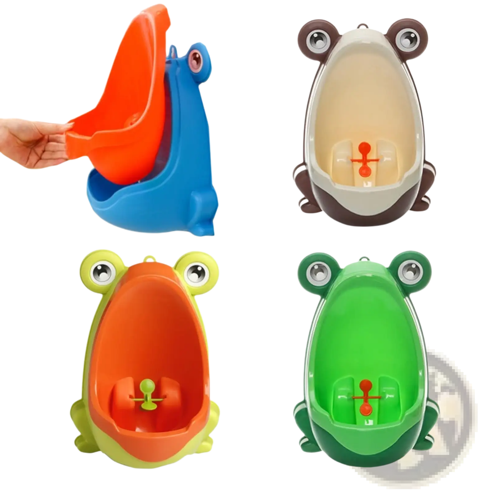 Colorful plastic frog potty training urinals with rotating windmill in blue brown green and orange with googly eyes