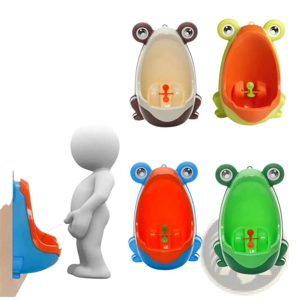 Colorful plastic frog potty training urinals in brown green and orange with rotating windmill and googly eyes