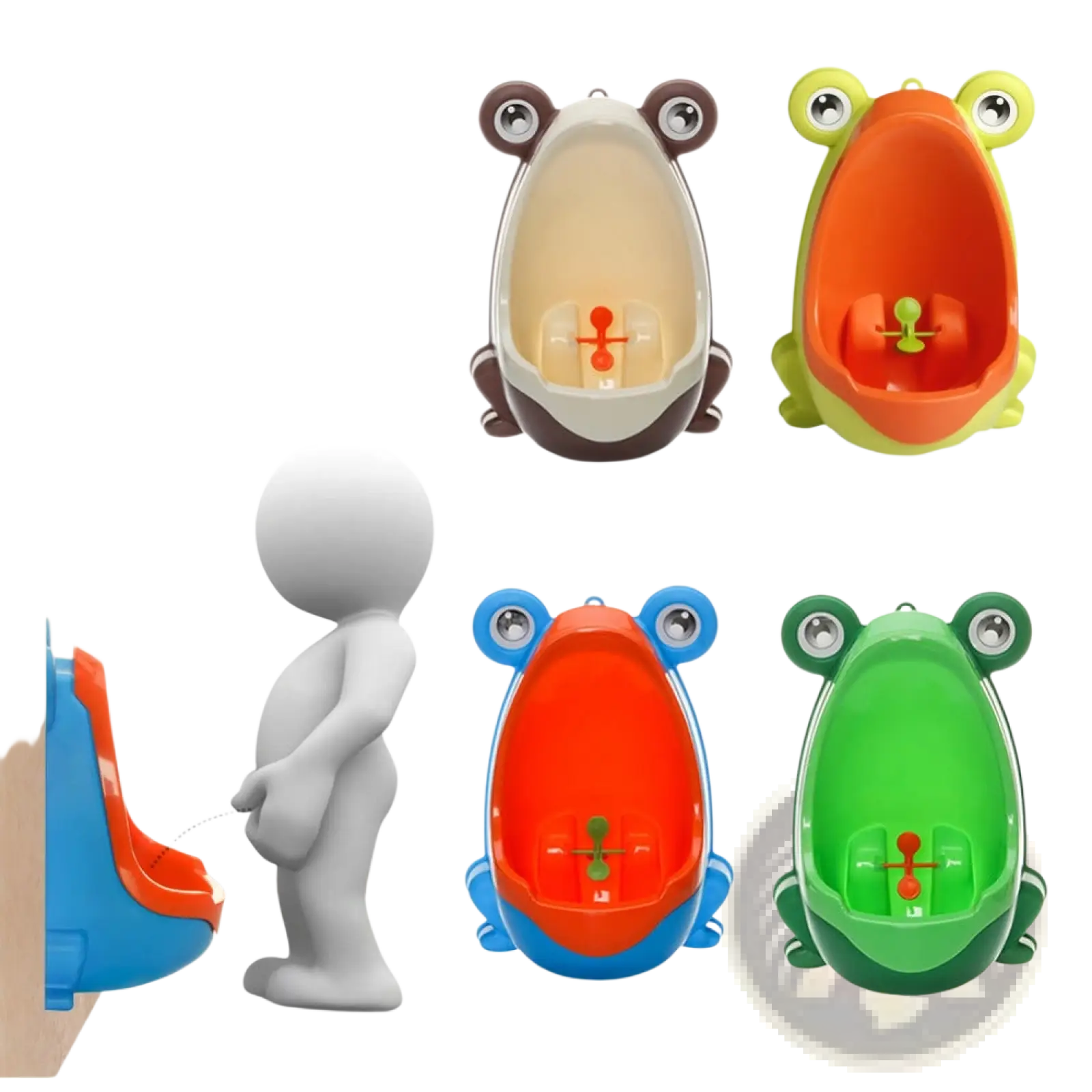 Colorful plastic frog potty training urinals in brown green and orange with rotating windmill and googly eyes